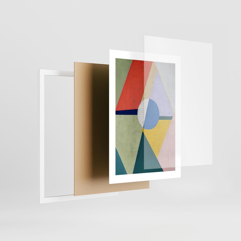 Plakat w ramie 30x40 - Taniec Subtelnych Odbić - abstrakcyjne geometryczne kształty, olejny obraz - rama biała