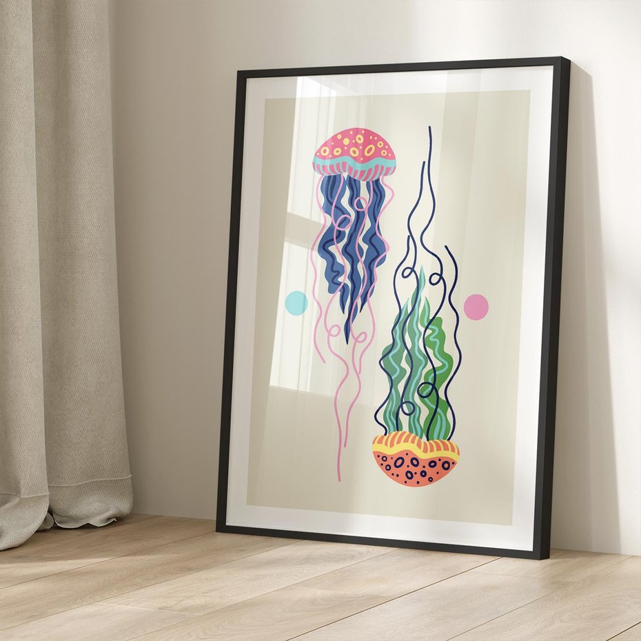 Plakat bez ramy 21x30 - Morskie Pulsacje - nowoczesny optymistyczny plakat, kolorowe meduzy
