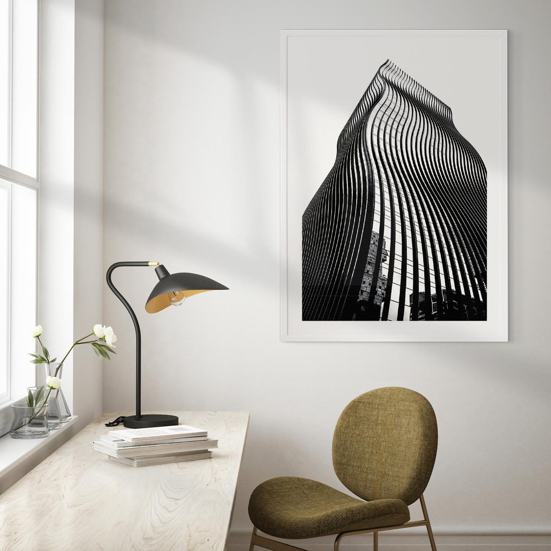 Plakat w ramie 50x70 - Falowany Wieżowiec na Fotografii - architektura, falowany wieżowiec - rama biała