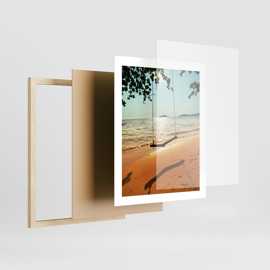 Plakat w ramie 40x50 - Tropikalna plaża i huśtawka - plaża, tropiki - rama drewno