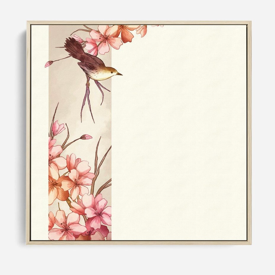 Obraz w ramie 80x80 - Rozkwitające Marzenia - japońska sztuka, ptak - rama drewno