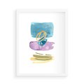 Plakat w ramie 50x70 - Taniec Akwarelowych Kresek - akwarelowe plamy w odcieniach błękitu, złote kreski - rama biała
