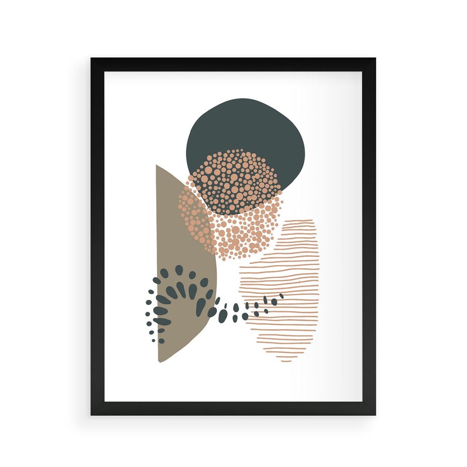 Plakat w ramie 40x50 - Harmonia Akwarelowych Przestrzeni - abstrakcyjna kompozycja z kropek kresek i kółek, odcienie brązu i beżu - rama czarna