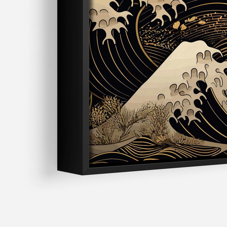 Obraz w ramie 50x50 - Złote Piękno - ciemny obraz, fala morska - rama czarna