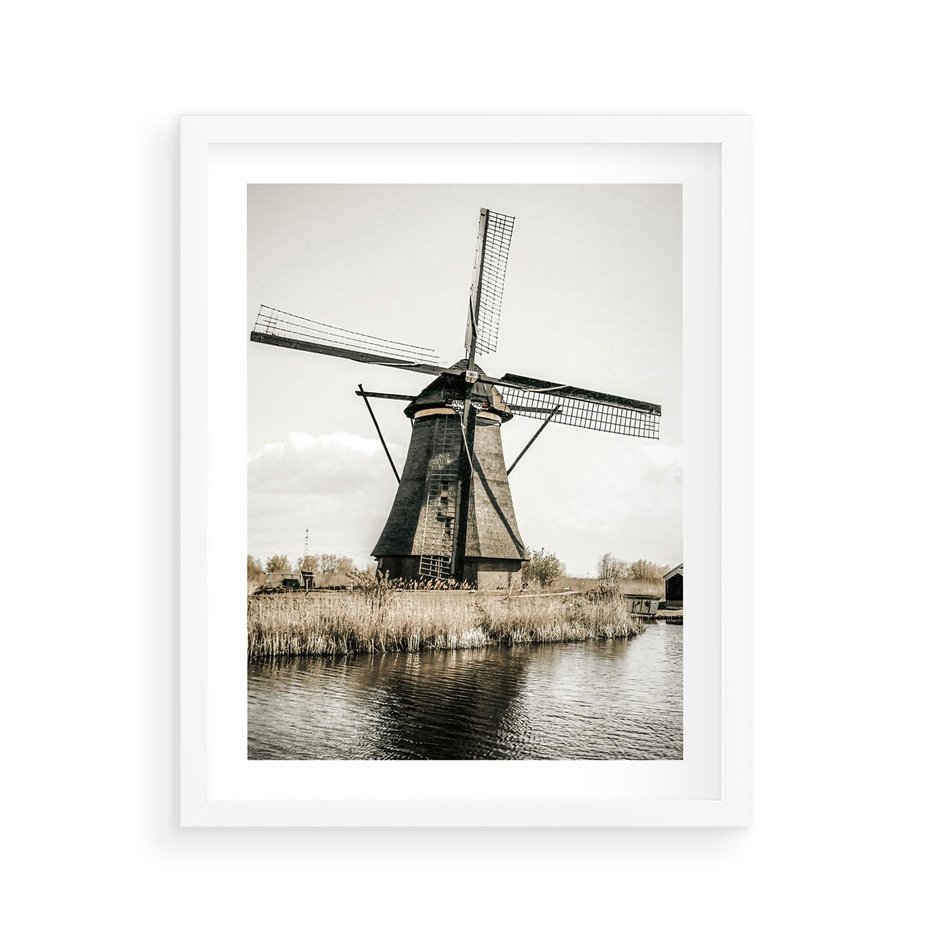 Plakat w ramie 40x50 - Holenderski Wiatrak w Sepii - holenderski wiatrak, młyn - rama biała