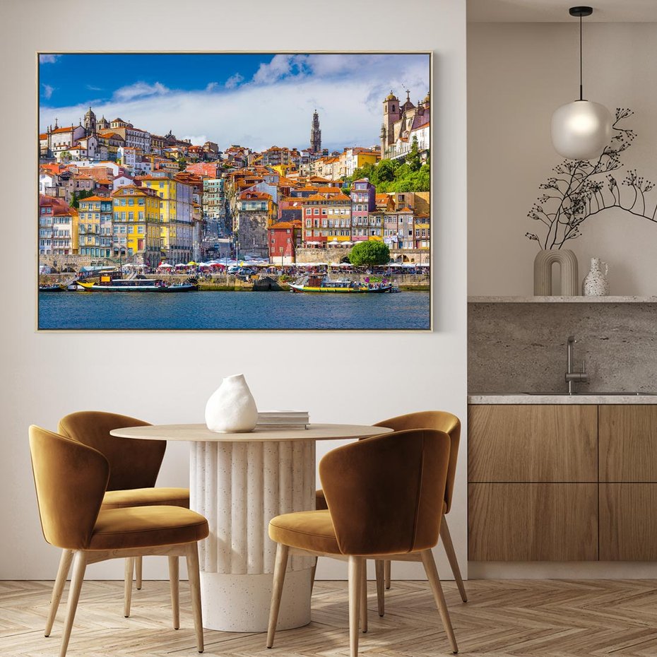 Obraz w ramie 100x70 - Kolorowa Przystań - nadmorskie miasto, kolorowe budynki - rama drewno