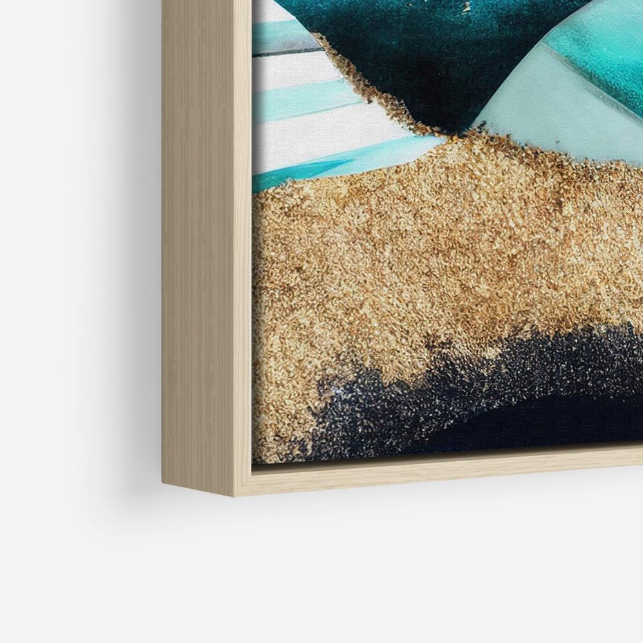 Obraz w ramie 80x80 - Rozlane Turkusy - Turkusowe plamy, złote elementy - rama drewno