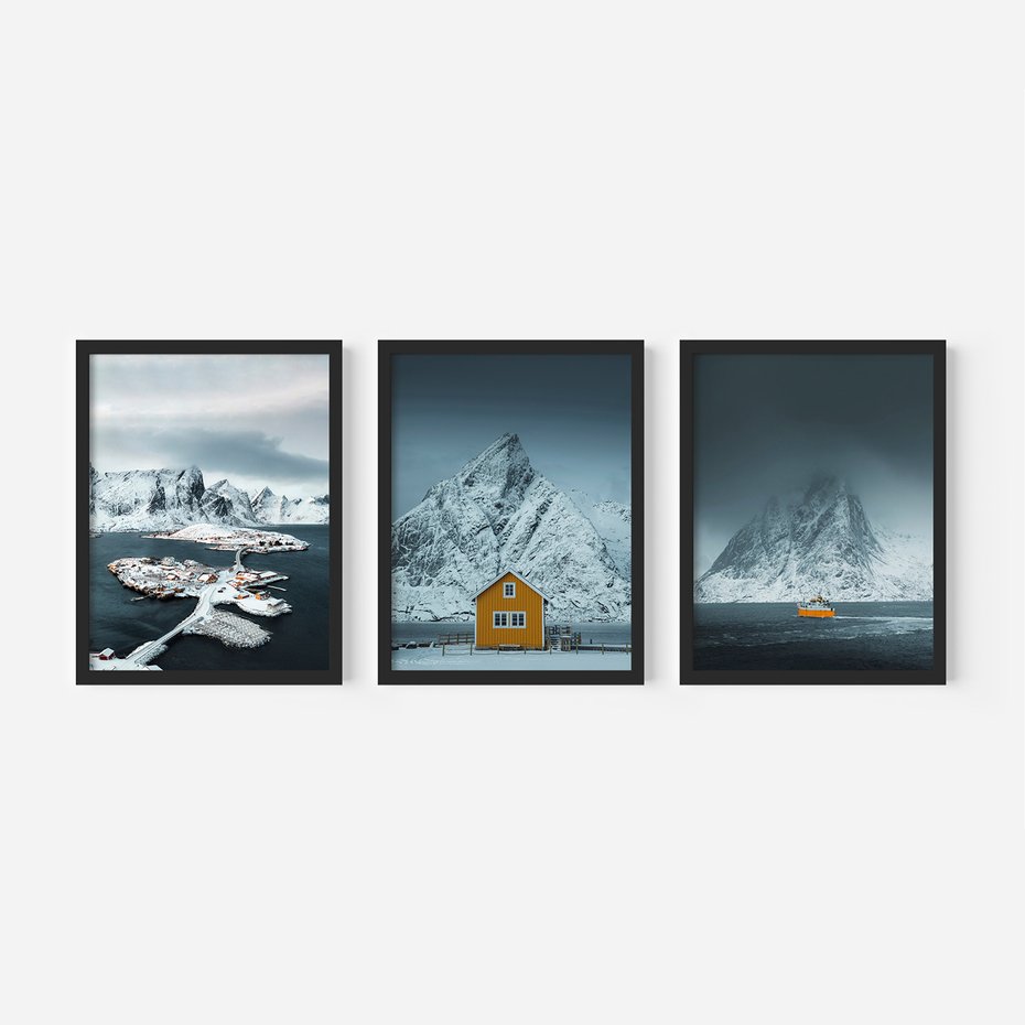 Zestaw obrazy w ramie 40x50 galeria - Norwegia, skandynawski, domek, góry - rama czarna