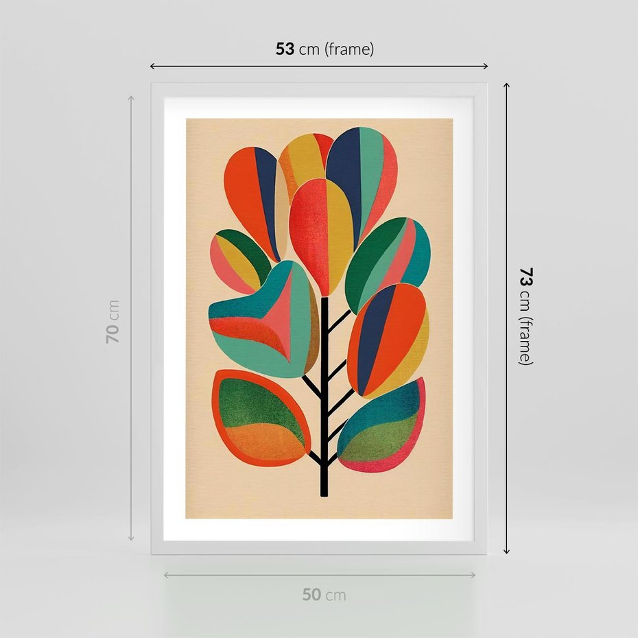 Plakat w ramie 50x70 - Wnętrza Kształtów - abstrakcyjny kolorowy tęczowy obraz, inspiracje roślinne - rama biała