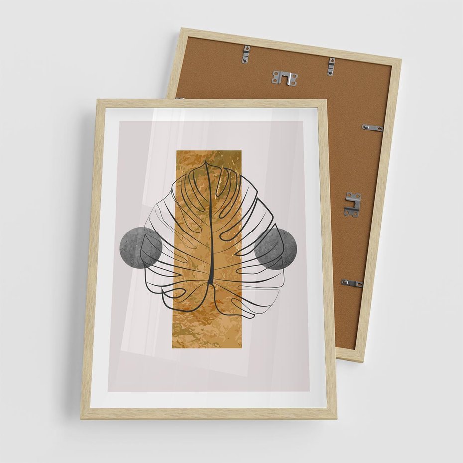 Plakat w ramie 50x70 - Minimalistyczna Monstera: Złoty Prostokąt - liść  monstery, minimalizm - rama drewno