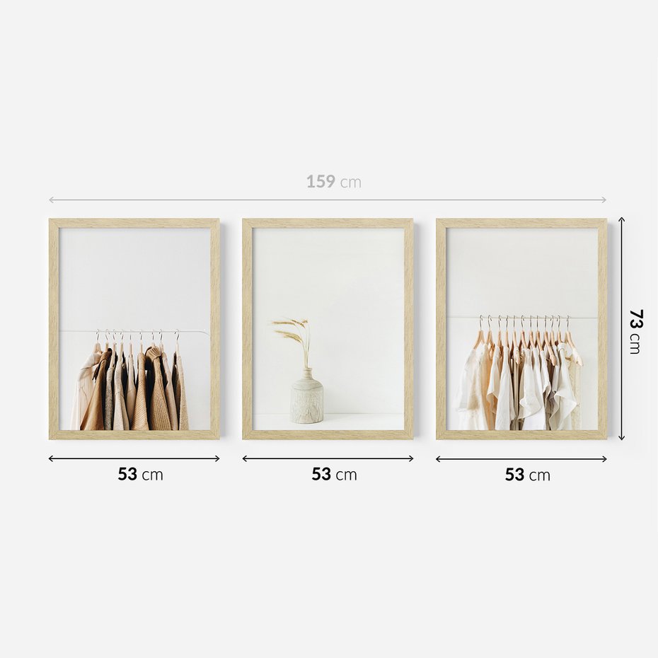 Zestaw obrazy w ramie 50x70 galeria - Garderoba, minimalizm, wieszaki, skandi - rama drewno