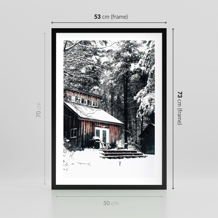 Plakat w ramie 50x70 - Zimowy Urok Drewnianego Domku - zima, drewniany domek - rama czarna