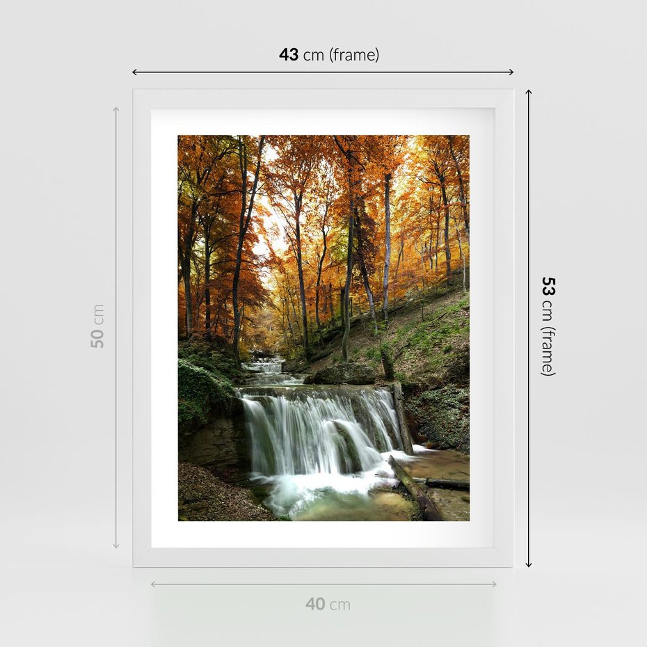 Plakat w ramie 40x50 - Jesienny wodospad w lesie - wodospad, las - rama biała