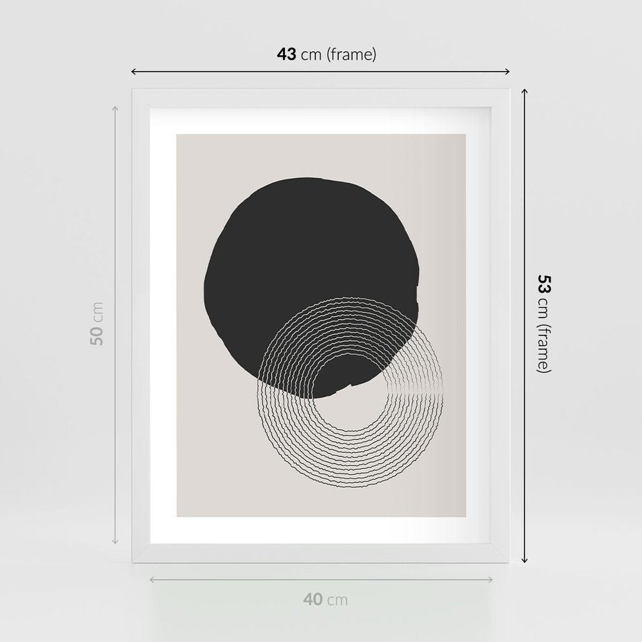 Plakat w ramie 40x50 - Migotliwa Opowieść - abstrakcyjna kompozycja, okręgi - rama biała