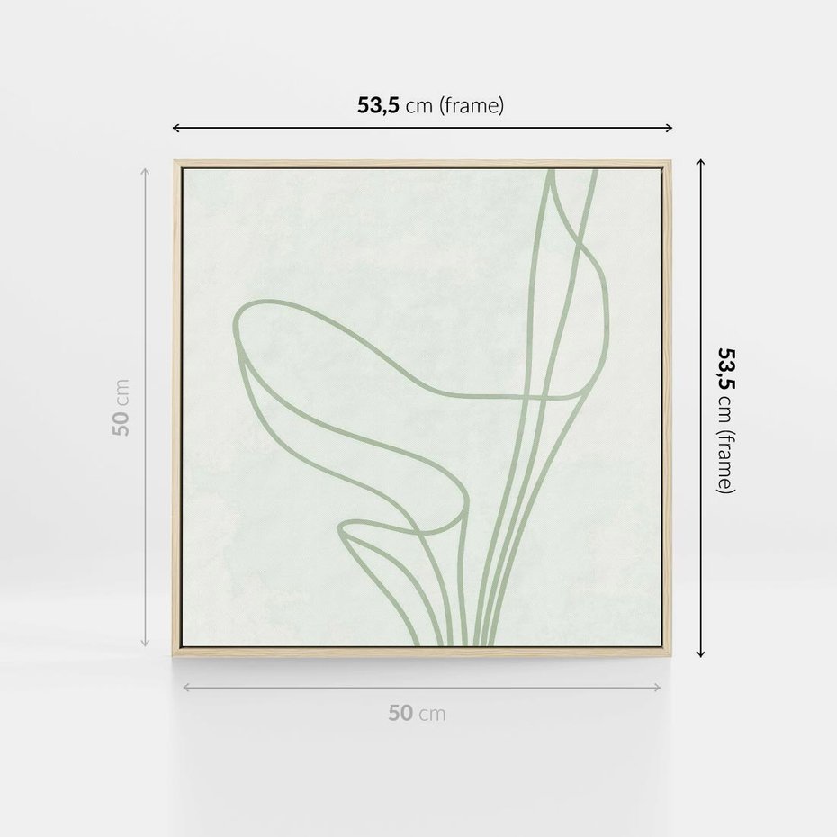Obraz w ramie 50x50 - Zielona Równowaga Linii - abstrakcyjne delikatne zielone linie, nowoczesny plakat - rama drewno