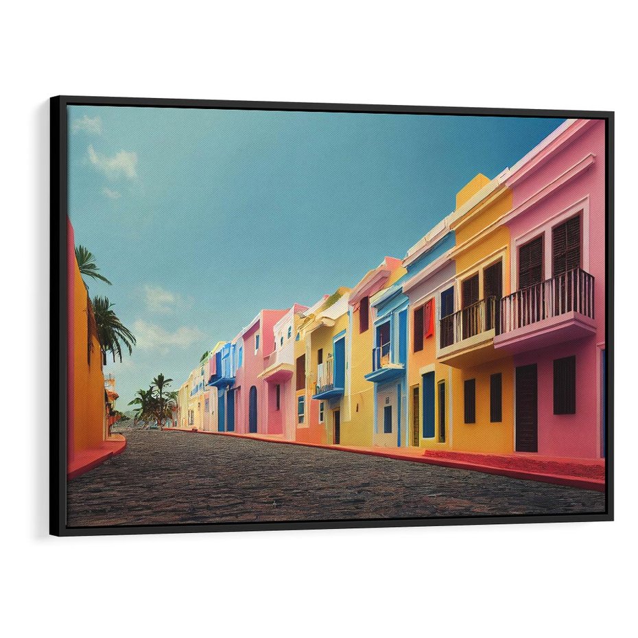 Obraz w ramie 100x70 - Ekspresja marzeń i tęsknot - pastelowe kolorowe budynki, wzdłuż ulicy - rama czarna