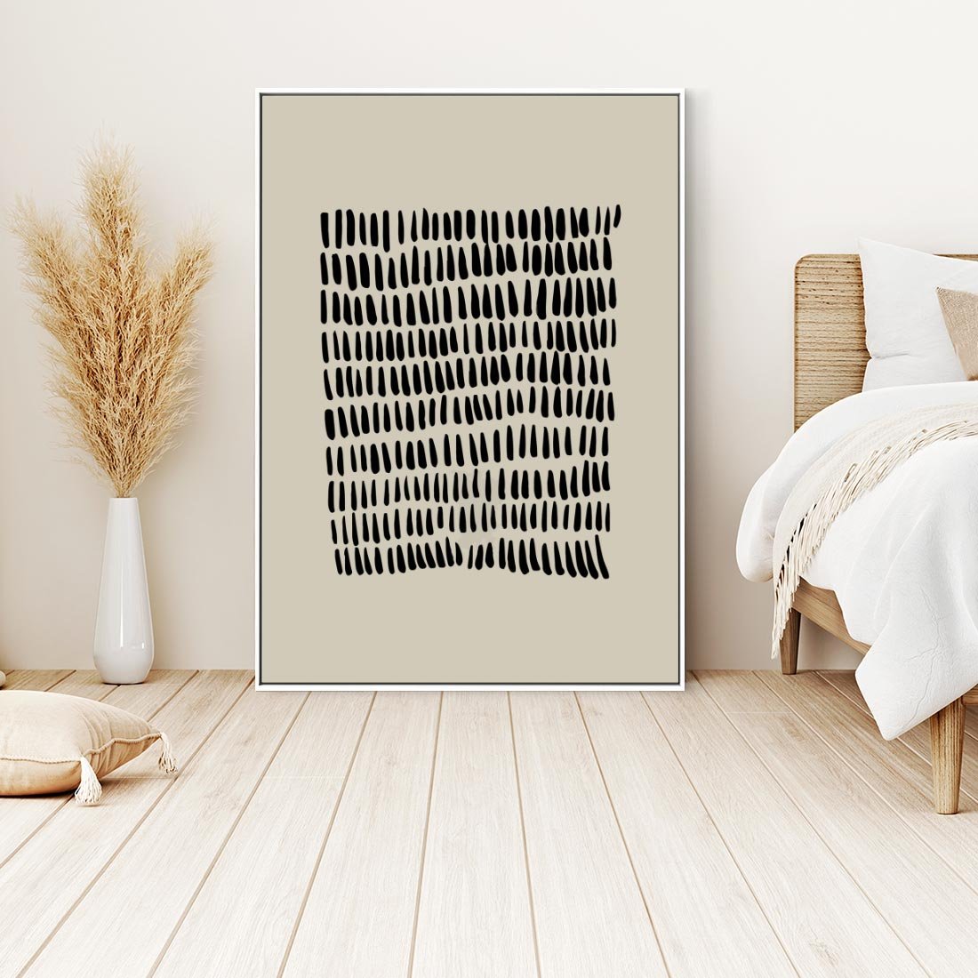 Obraz w ramie 50x70 - Energetyczne Pulsacje Nowości - boho plakat, czarne kropki kreski - rama biała