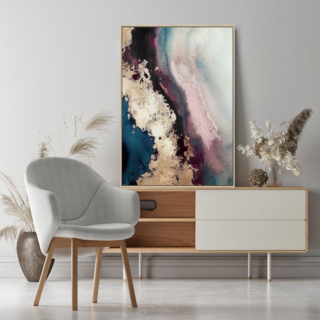 Obraz w ramie 50x70 - Elegancki Impuls - abstrakcyjne plamy, rozlana farba - rama drewno