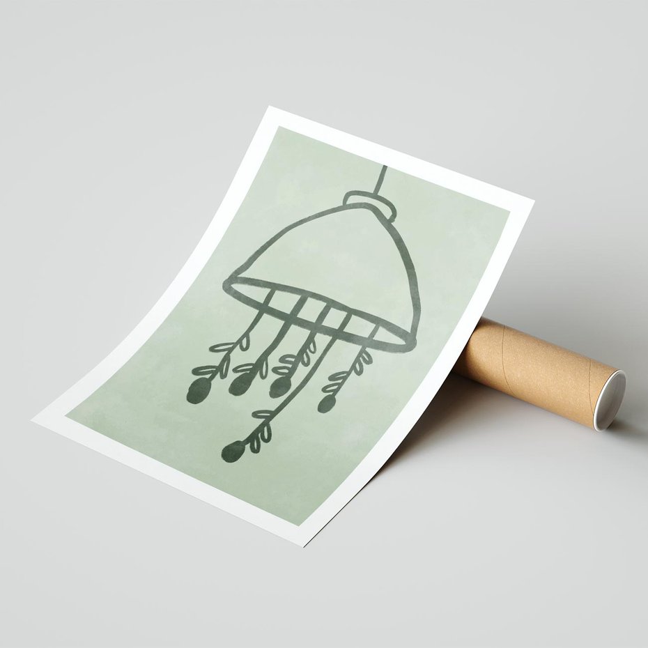 Plakat bez ramy 21x30 - Zieleń Inspirującego Spokoju - plakat z abstrakcyjną zieloną lampą, skandynawski design