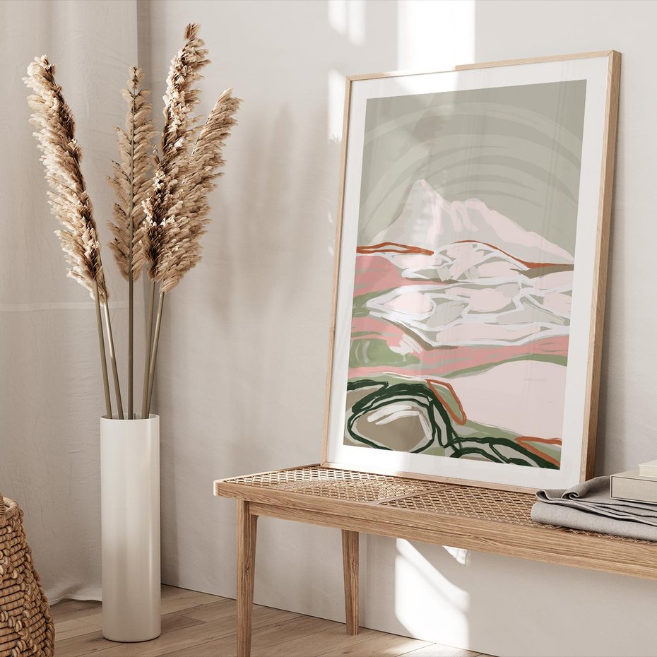 Plakat w ramie 30x40 - Szarawe Wzgórza - pastelowy krajobraz, nowoczesny plakat - rama drewno