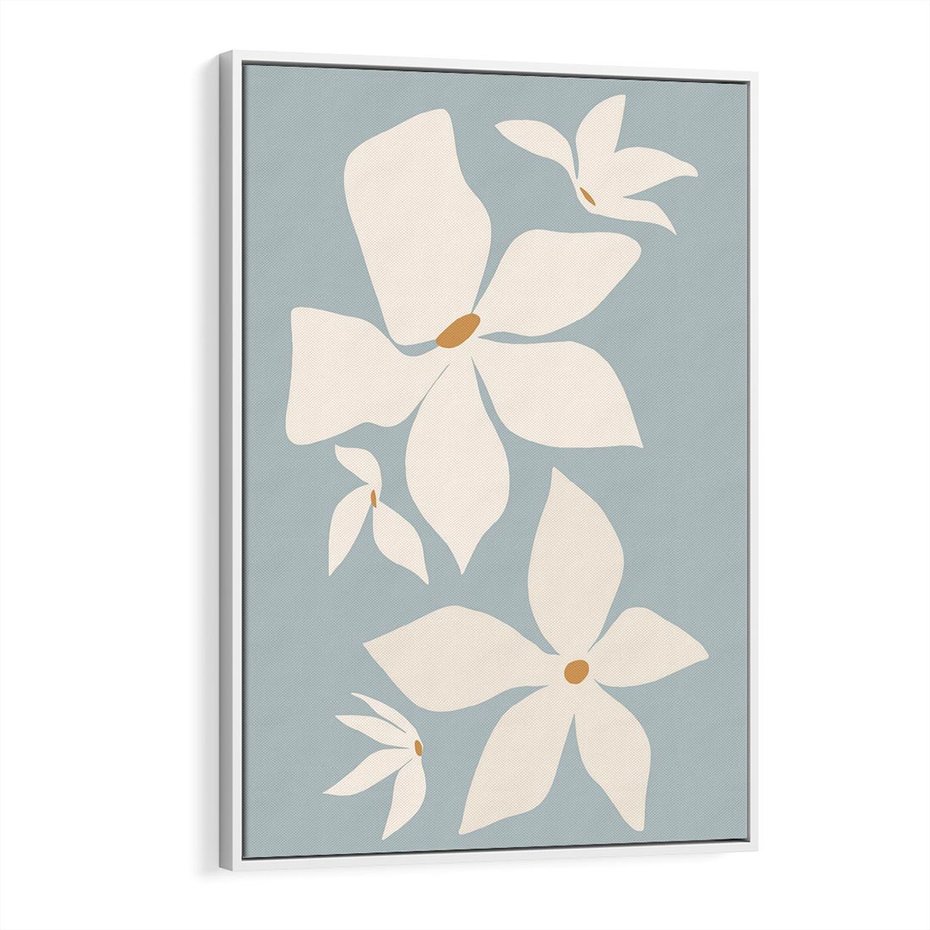 Obraz w ramie 70x100 - Błękit Kwiatów - kwiaty, nowoczesne i minimalistyczne - rama biała