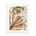 Plakat w ramie 50x70 - Złote Akcenty w Fotografii - złotel liście monstery, na białym tle - rama biała
