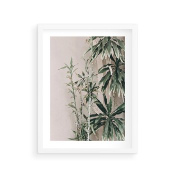Plakat w ramie 30x40 - Egzotyczna Kompozycja - liście, rośliny tropikalne na tle ściany - rama biała