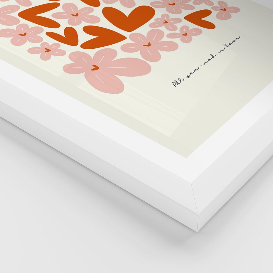 Plakat w ramie 50x70 - Miłość w Kompozycji - grafika, kompozycja kwiaty i serca - rama biała