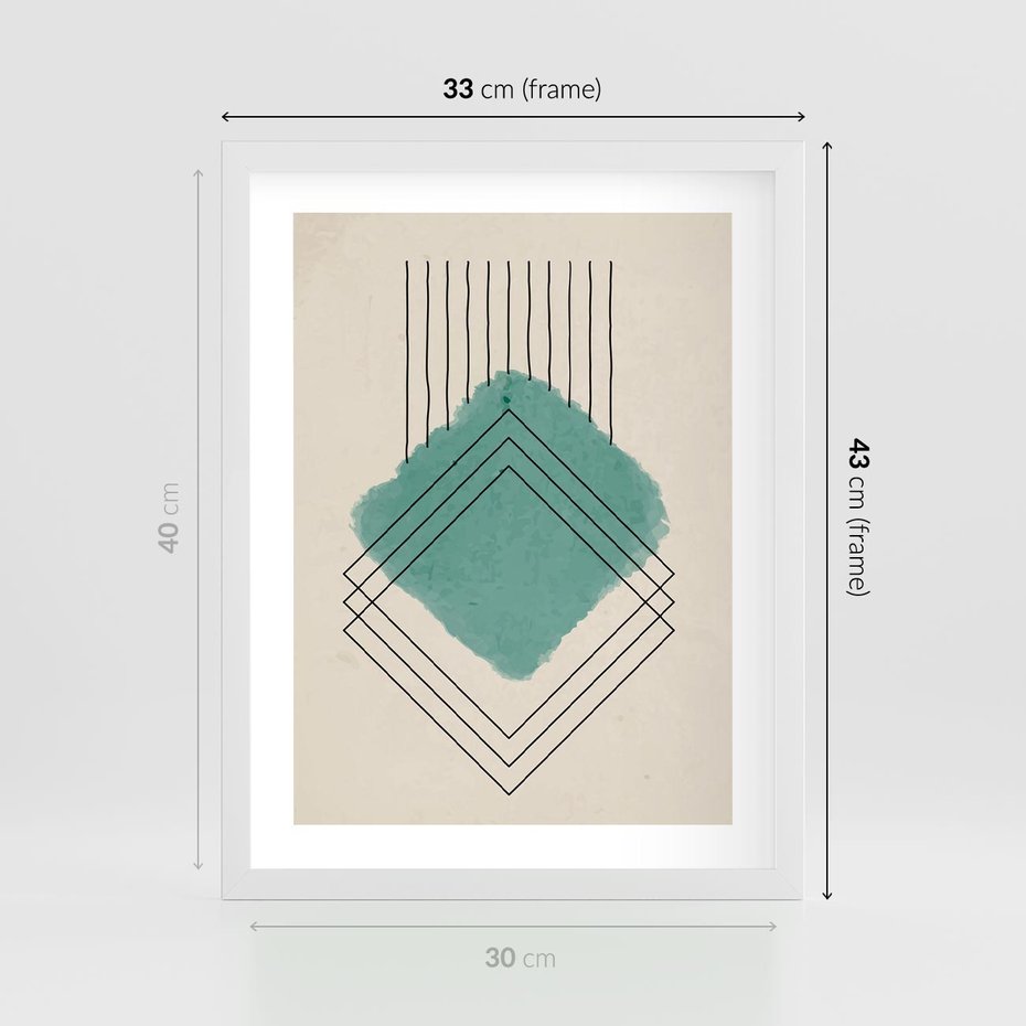 Plakat w ramie 30x40 - Impresje Przestrzeni - akwarelowa plama, geometryczne szkicowane kształty - rama biała