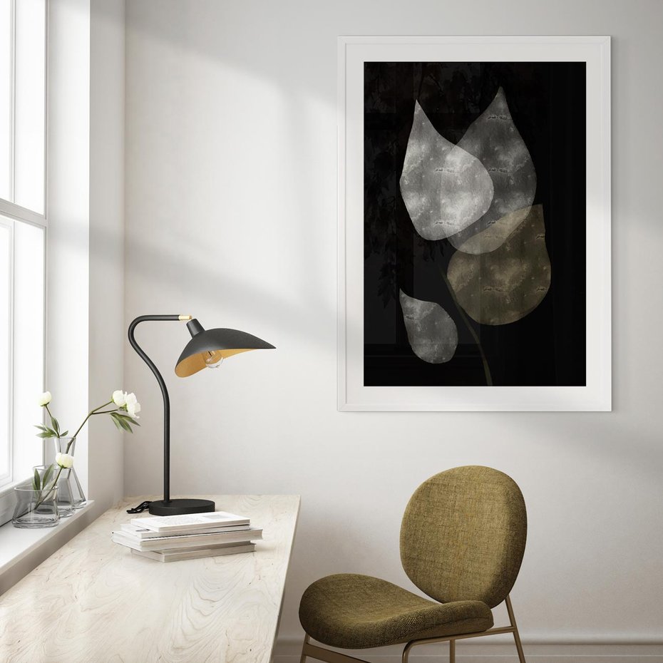 Plakat w ramie 50x70 - Mroczne Złudzenia - abstrakcyjne liście, mroczna atmosfera - rama biała