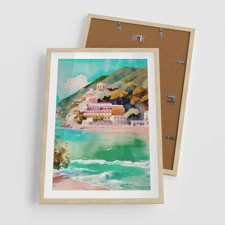 Plakat w ramie 50x70 - Na Zboczu - akwarela, nadmorski pejzaż - rama drewno