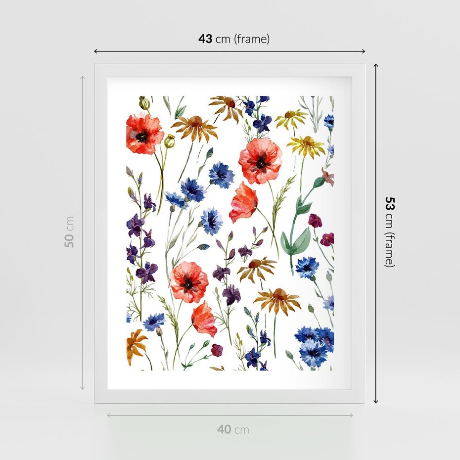 Plakat w ramie 40x50 - Kwiatowe radości na łące - kwiaty, łączka - rama biała