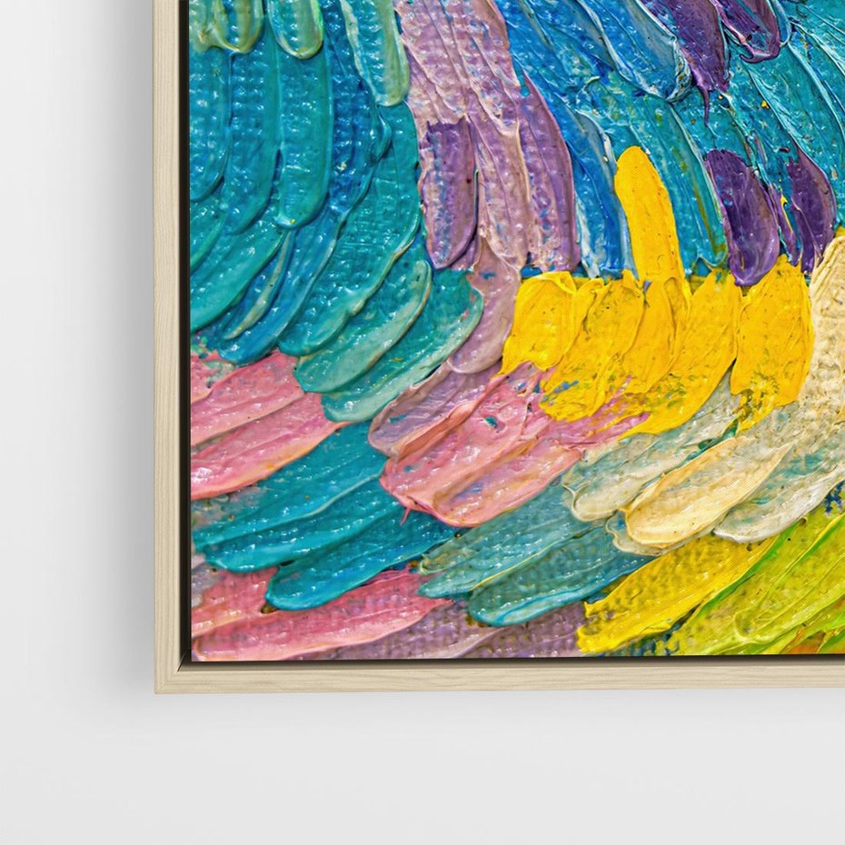 Obraz w ramie 50x50 - Egzotyczne Pióra - abstrakcyjne dzieło, farby olejne - rama drewno