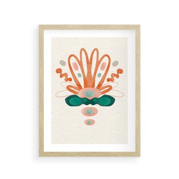 Plakat w ramie 50x70 - Harmonia Nienormalności - akwarelowe abstrakcyjne kształty, zieleń i pomarańcz - rama drewno