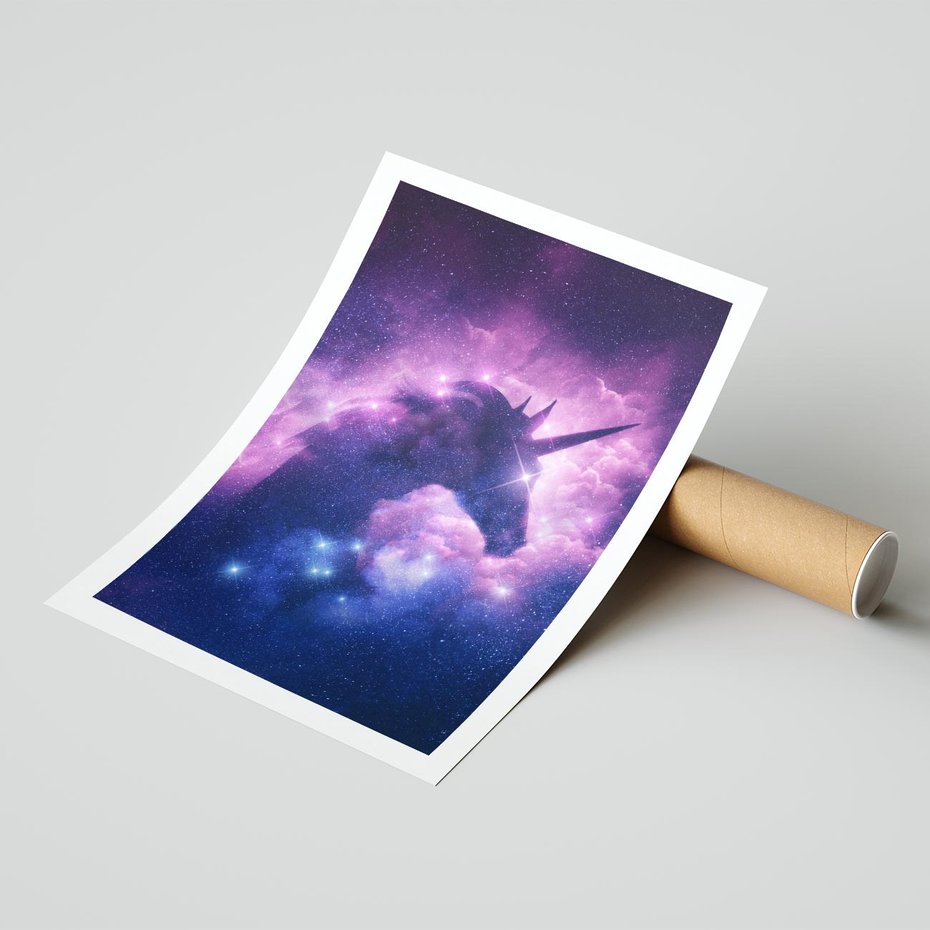 Plakat bez ramy 21x30 - Mityczna podróż - kosmos, jednorożec