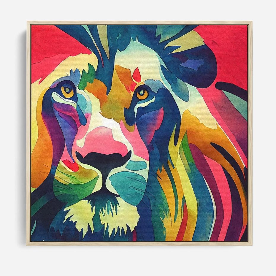 Obraz w ramie 50x50 - Tęczowy Lew - akwarela, tęczowy lew - rama drewno