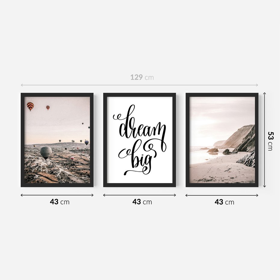 Zestaw obrazy w ramie 40x50 galeria - Dream, big, cytat, napis, balony - rama czarna