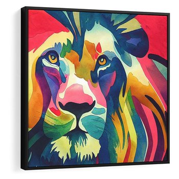 Obraz w ramie 50x50 - Tęczowy Lew - akwarela, tęczowy lew - rama czarna