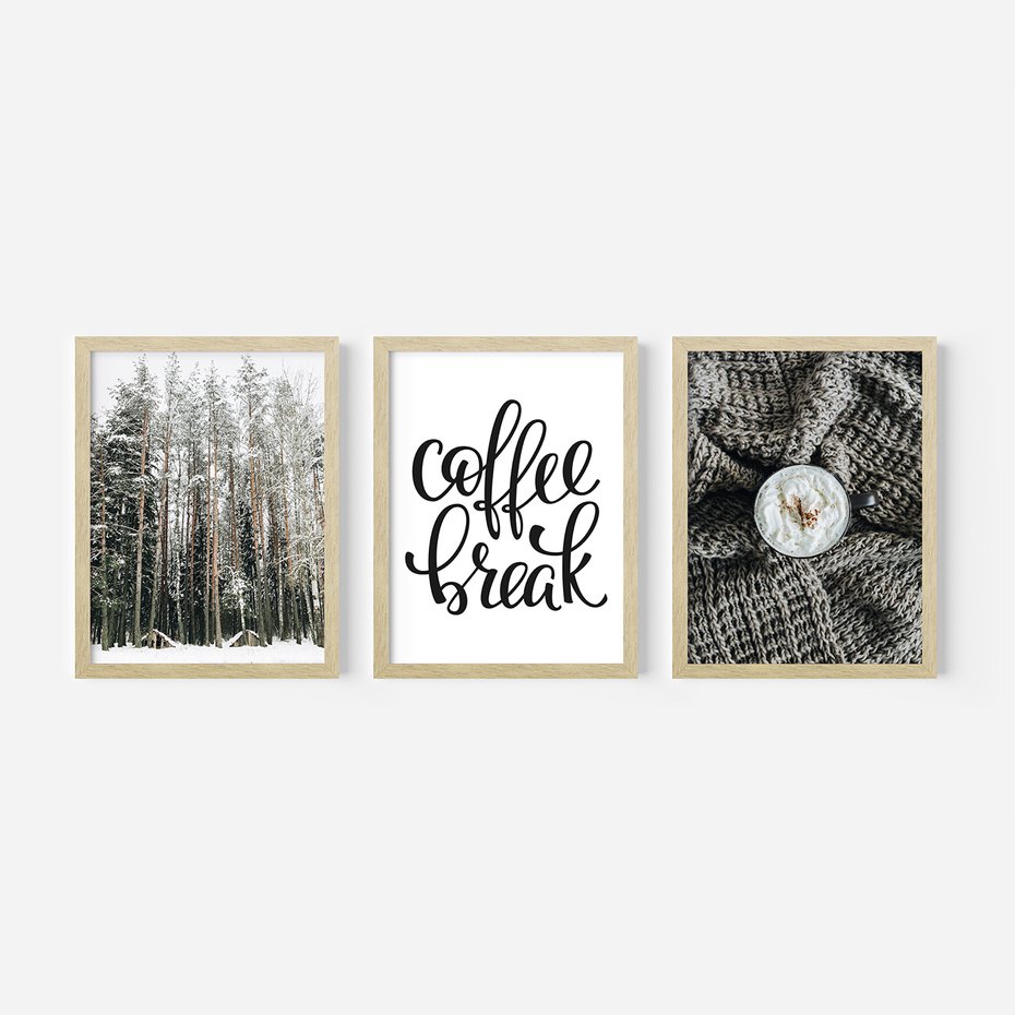 Zestaw obrazy w ramie 50x70 galeria - Kawa, las, zima, przytulnie - rama drewno