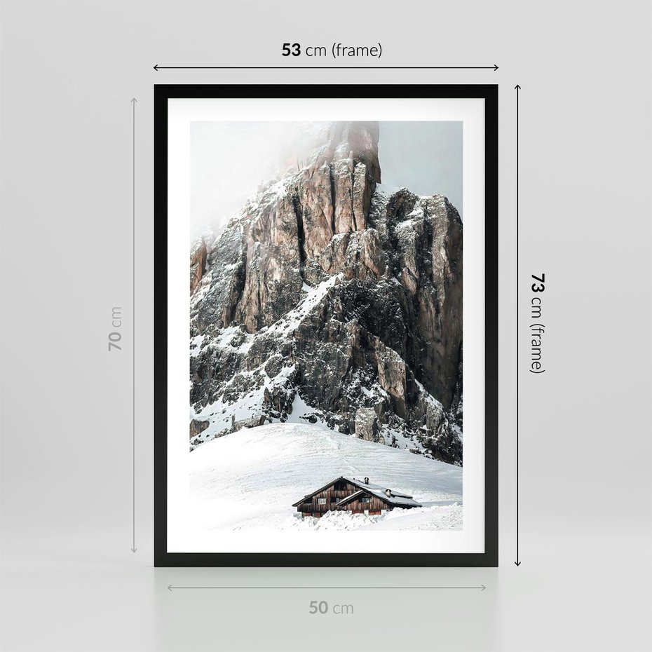 Plakat w ramie 50x70 - Górski Raj z Chatką - górskie szczyty, ośnieżone góry - rama czarna