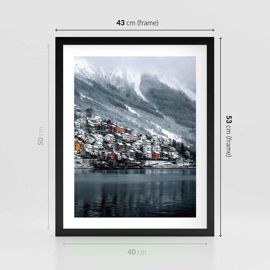 Plakat w ramie 40x50 - Skandynawia na Wzgórzach - domki na wzgórzu, skandynawia - rama czarna