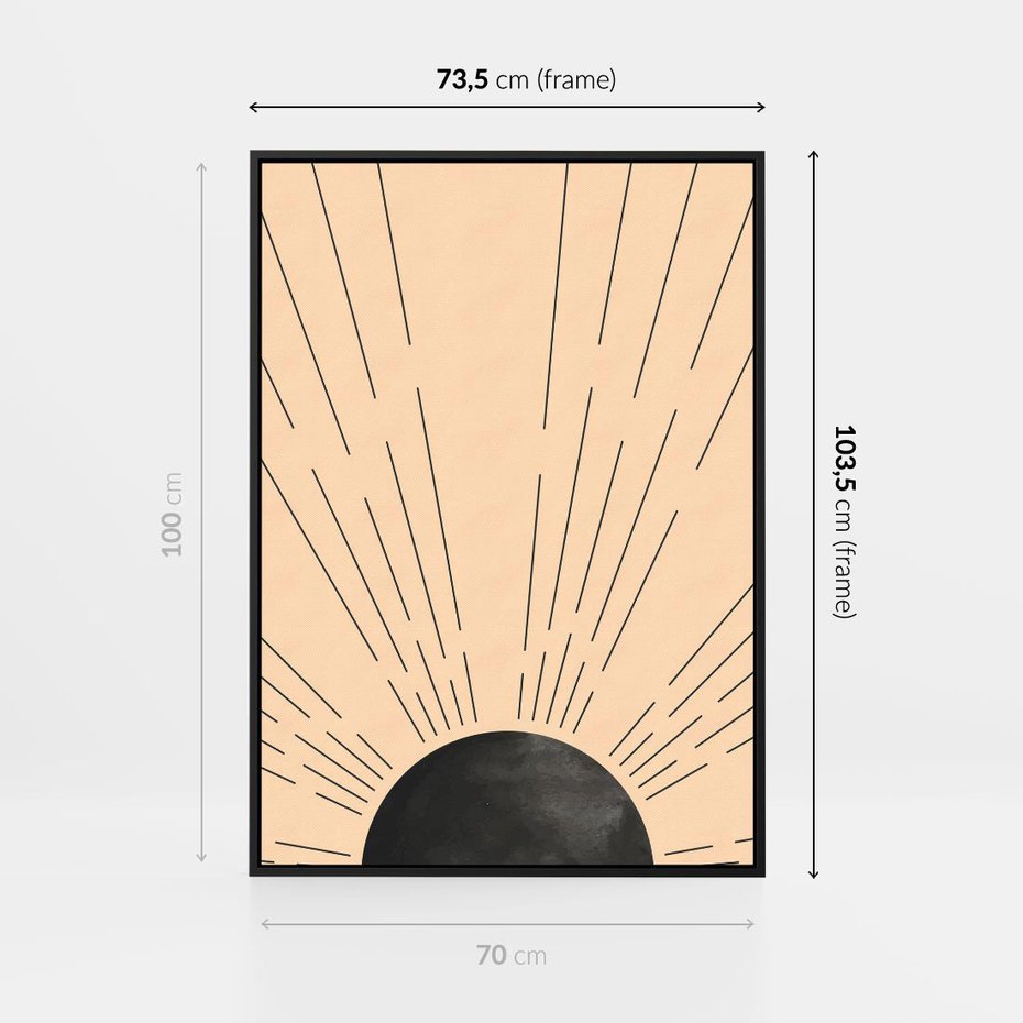 Obraz w ramie 70x100 - Migocące Kształty Promieni - boho czarne słońce, nowoczesna grafika - rama czarna