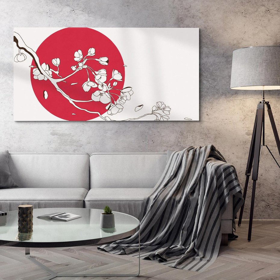 Obraz na płótnie 140x70 - Esencja Zen - kwiatnąca wiśnia, orientalna grafika