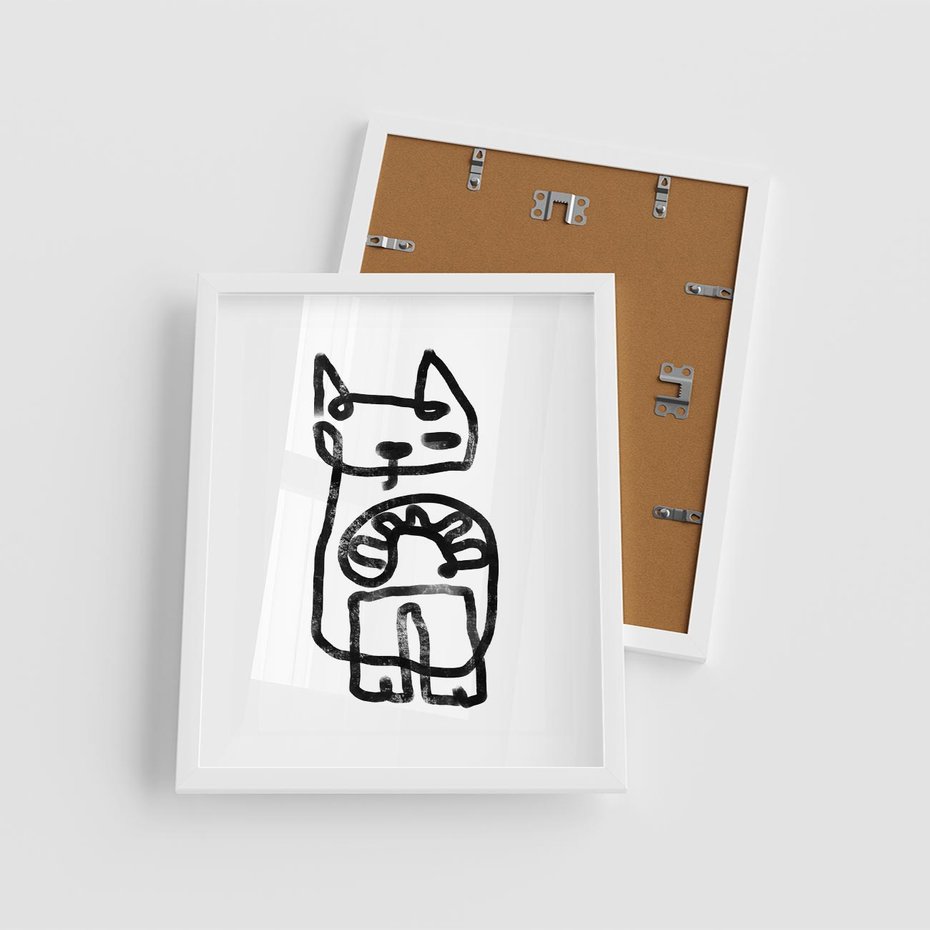 Plakat w ramie 40x50 - Portret Kociej Duszy - szkic kota, prymitywizm - rama biała