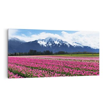 Obraz na płótnie 140x70 - Tulipany w malowniczym krajobrazie" - tulipany, krajobraz