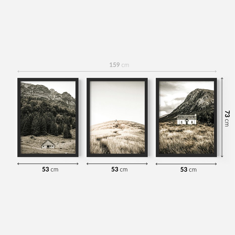Zestaw obrazy w ramie 50x70 galeria - Górskie, domki, łąki, sepia - rama czarna