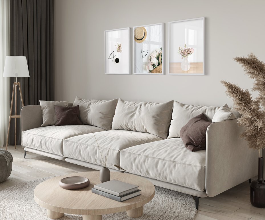 Zestaw obrazy w ramie 50x70 galeria - Kawa, kwiaty, boho, kapelusz - rama biała