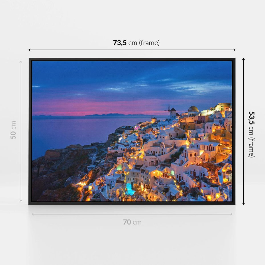 Obraz w ramie 70x50 - Wyblakłe wspomnienia gwiazd - Santorini, wieczór - rama czarna