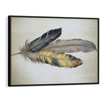 Obraz w ramie 70x50 - Granatowo-Złote Pióra - sztuka, granatowe i złote pióra - rama czarna