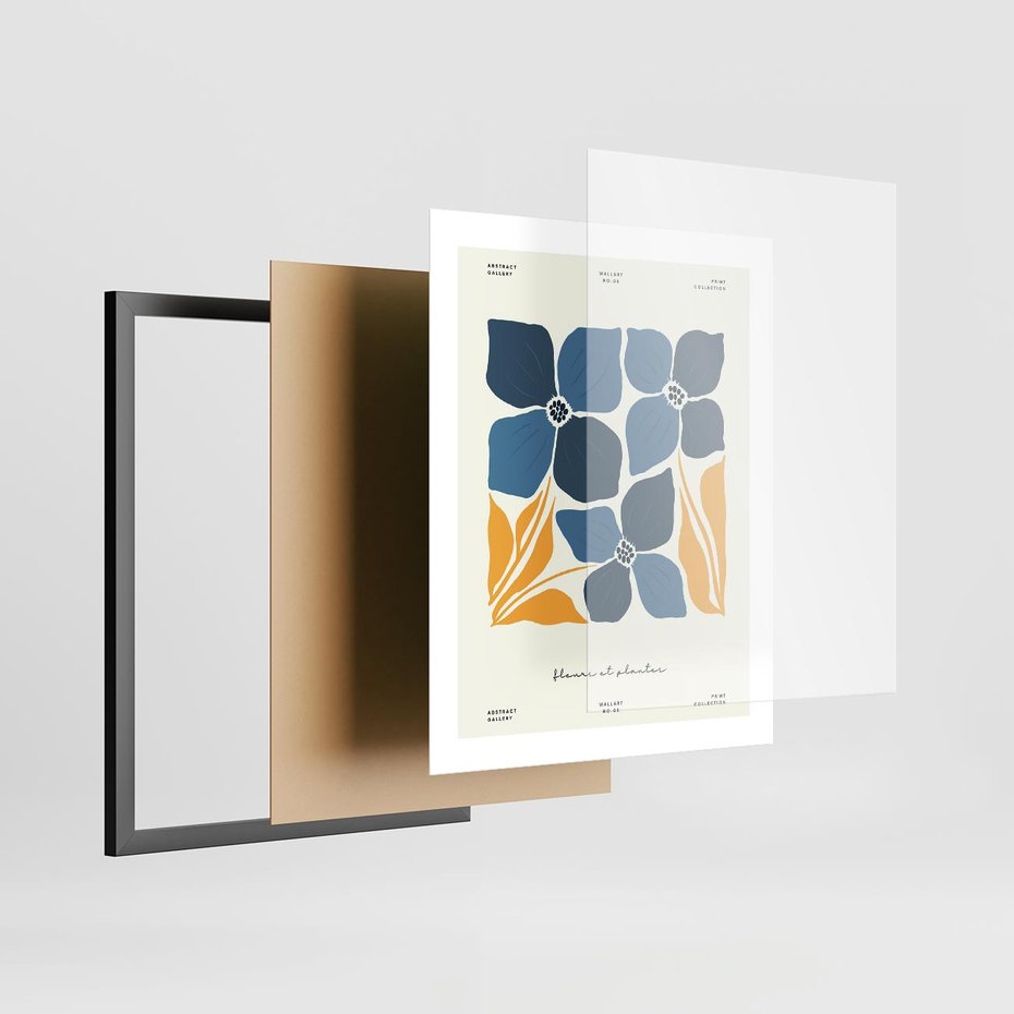 Plakat w ramie 40x50 - Błękitne Nowości - niebieskie kwiaty, nowoczesna sztuka - rama czarna